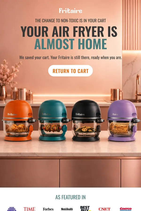 Cart recovery email for a DTC air fryer brand