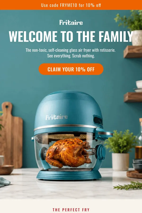 Welcome email one for a DTC air fryer brand