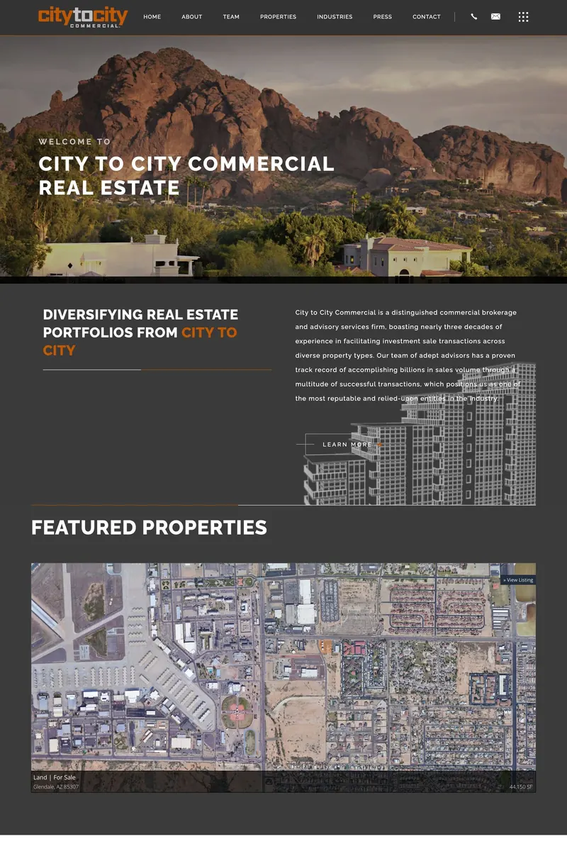 City to City Commercial Real Estate homepage design, top section