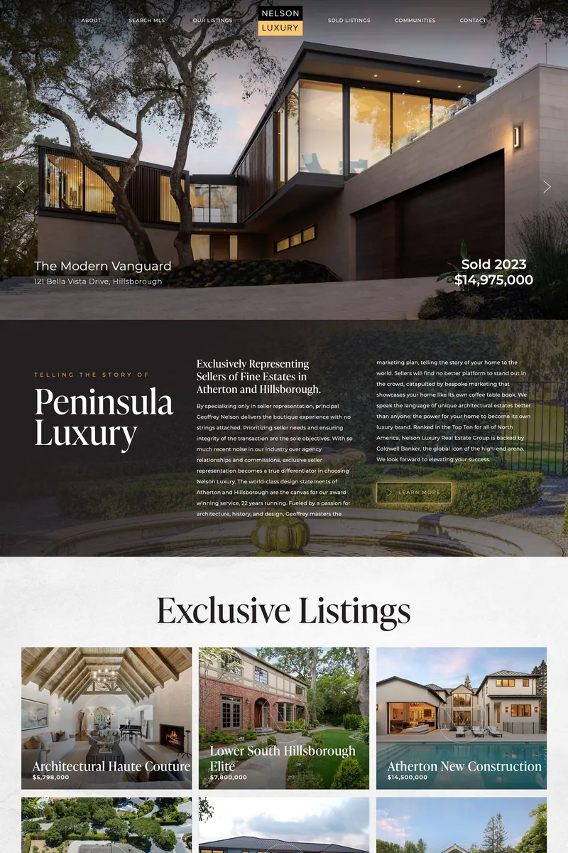 Nelson Luxury homepage design, top section